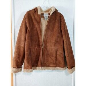 VTG Womens White Stag Jacket Hooded Suede Newbuck Brown Sherpa Size L